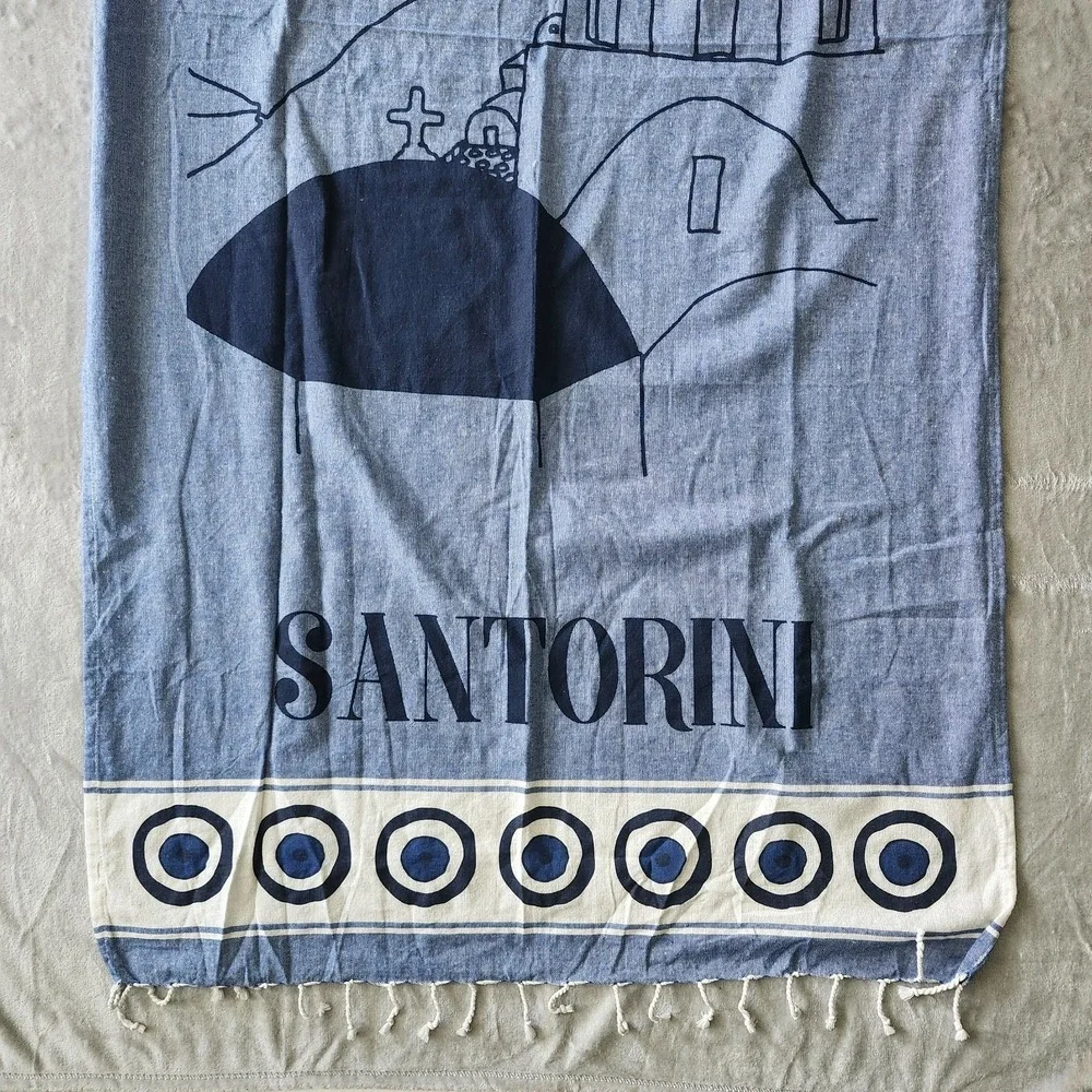 Printed Tapestry Blue Santorini Souvenir Fringe Throw Cotton Greece 36x68.5